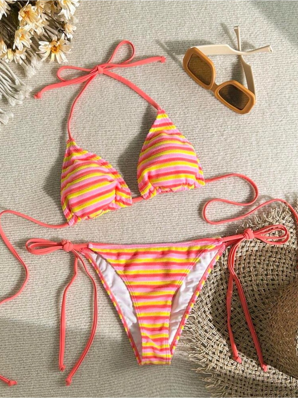 Women's Summer Beach Striped Halter Tie Bikini Set - xs